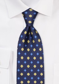 Navy Silk Print Tie with Geometric Print in Royal Blue and Yellow