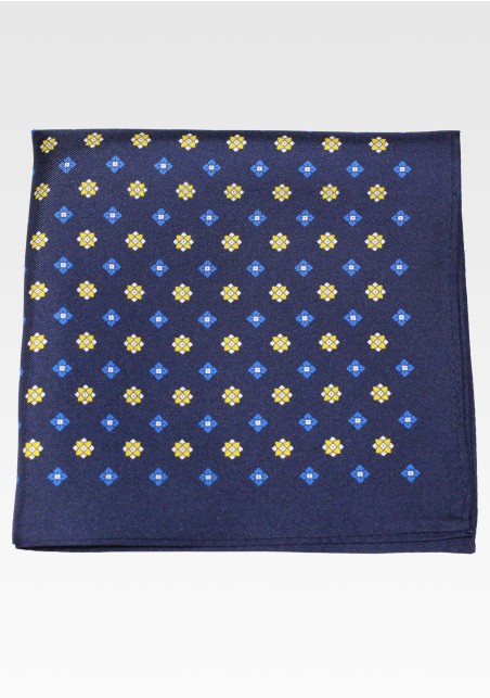 Dark Navy Blue Silk Pocket Square with Yellow Foulard Print