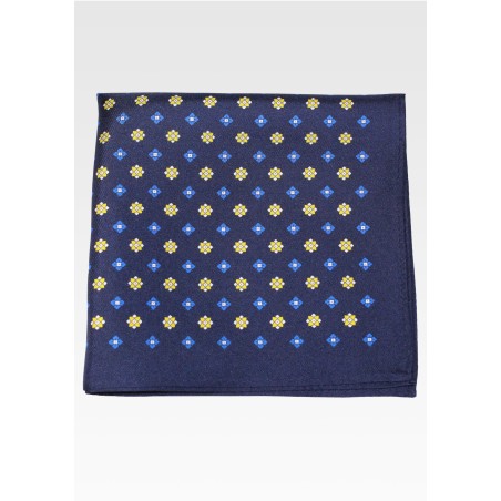 Dark Navy Blue Silk Pocket Square with Yellow Foulard Print