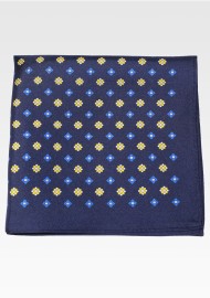 Dark Navy Blue Silk Pocket Square with Yellow Foulard Print