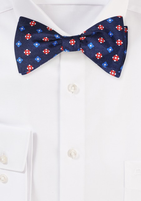 Navy and Red Silk Print Bow Tie - Self Tied Mens Bowtie