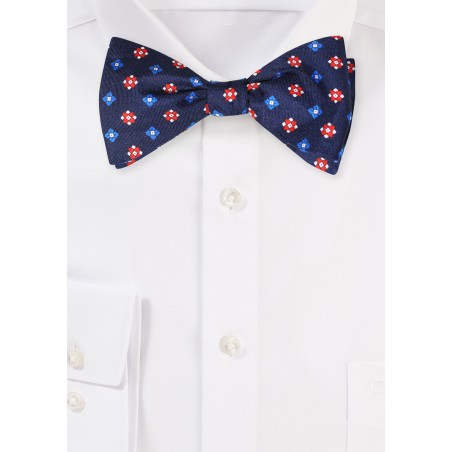 Navy and Red Silk Print Bow Tie - Self Tied Mens Bowtie