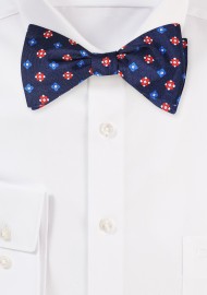 Navy and Red Silk Print Bow Tie - Self Tied Mens Bowtie