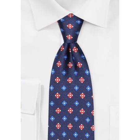 Navy Blue Silk Necktie with Red and Royal Designer Print
