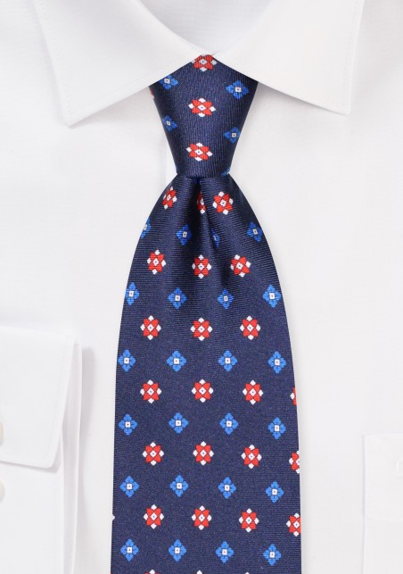 XL Sized Tie in Navy Designer Print and 100% Silk