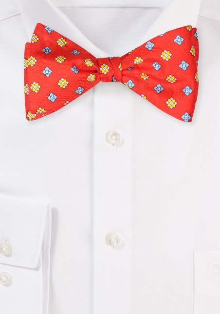 Bright Red Silk Print Bow Tie - Self Tied Mens Bowtie