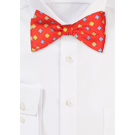 Bright Red Silk Print Bow Tie - Self Tied Mens Bowtie