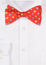 Bright Red Silk Print Bow Tie - Self Tied Mens Bowtie