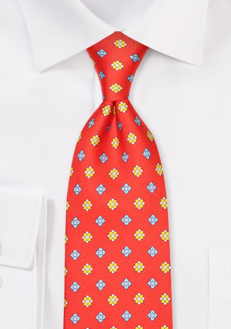 Bright Red Silk Necktie with Aqua and Gold