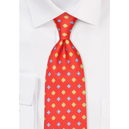 Bright Red Silk Necktie with Aqua and Gold