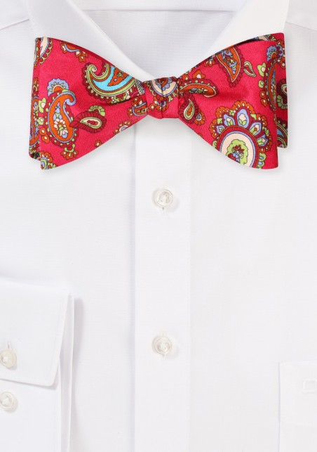 100% Silk Self Tie Bow Tie in Bold Pink Paisley