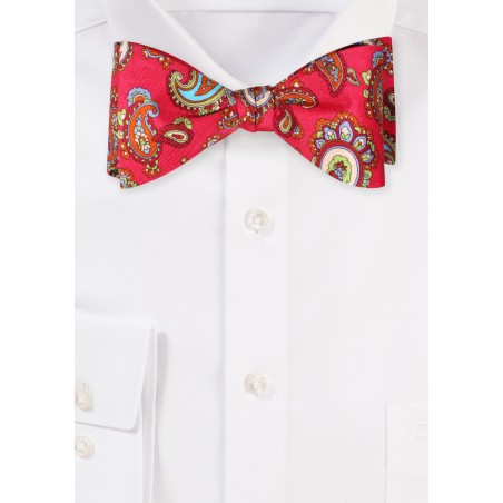 100% Silk Self Tie Bow Tie in Bold Pink Paisley