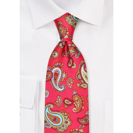 Fuchsia Pink Extra Length Necktie with Aqua, Lime, Orange Paisley