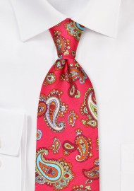 Fuchsia Pink Silk Necktie with Aqua, Lime, Orange Paisley