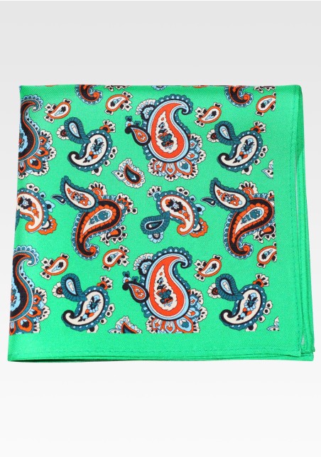 Kelly Green Silk Pocket Square with Bold Paisley Print