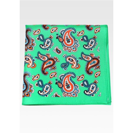 Kelly Green Silk Pocket Square with Bold Paisley Print