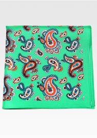 Kelly Green Silk Pocket Square with Bold Paisley Print