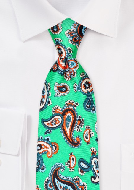 Kelly Green Silk Necktie with Orange, Blue, Peach Paisley