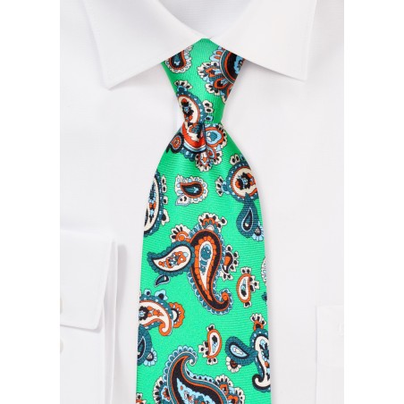 Kelly Green Silk Necktie with Orange, Blue, Peach Paisley