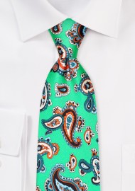 Kelly Green Paisley Silk Tie in XL Size