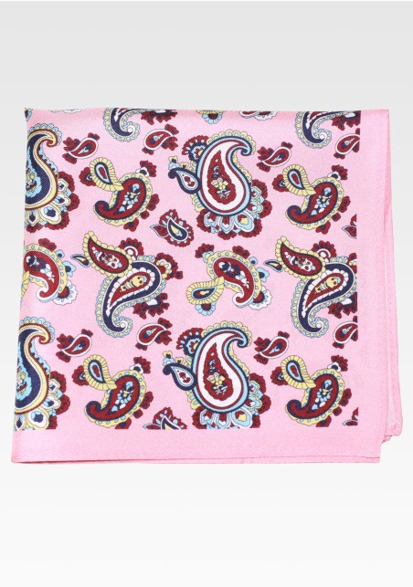 Paisley Print Silk Pocket Square in Pink, Navy, Burgundy, Yellow