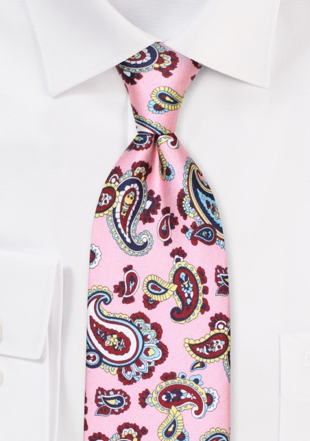 Pastel Pink Silk Tie with Paisley in Navy, Yellow, Burgundy, and Light Blue