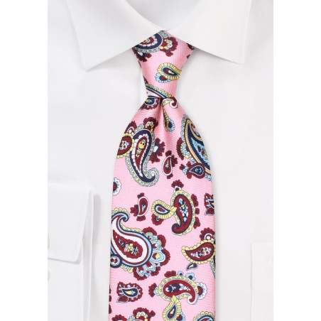 Pastel Pink Silk Tie with Paisley in Navy, Yellow, Burgundy, and Light Blue