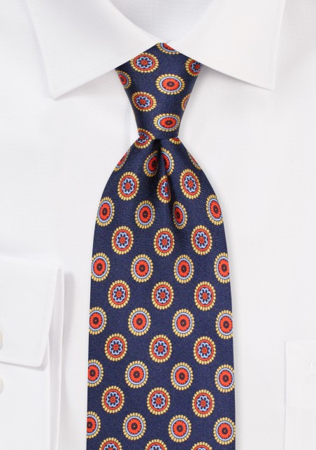XL Mens Silk Tie in Navy Medallion Print