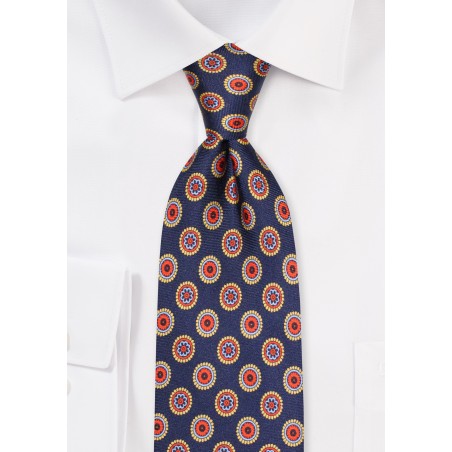 XL Mens Silk Tie in Navy Medallion Print