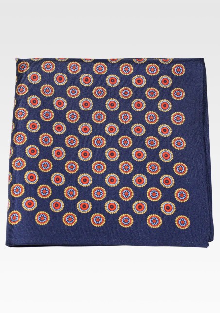 Classic Navy Medallion Print Pocket Square in 100% Silk