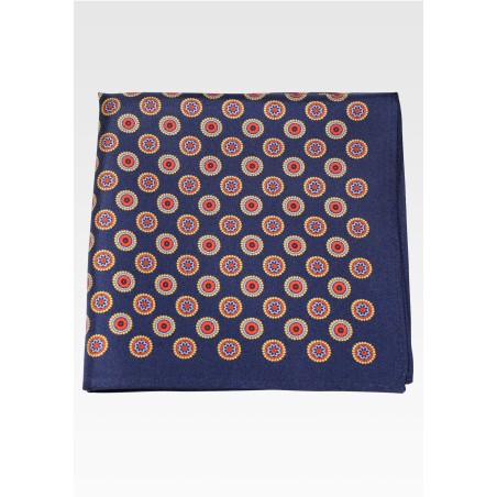 Classic Navy Medallion Print Pocket Square in 100% Silk