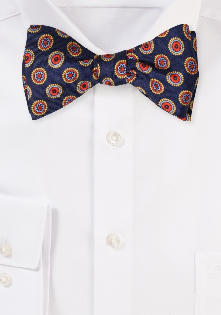 Self Tying Silk Bow Tie in Dark Navy Medallion Print