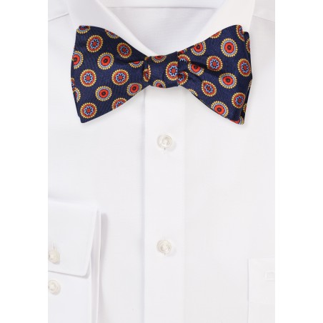Self Tying Silk Bow Tie in Dark Navy Medallion Print