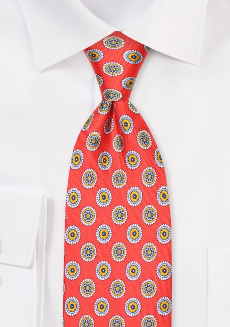 Extra Long Silk Tie - Bright Red Medallion Print