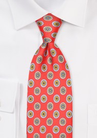 Extra Long Silk Tie - Bright Red Medallion Print
