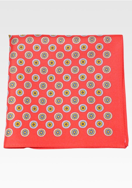 Bright Red Medallion Print Pocket Square in 100% Silk