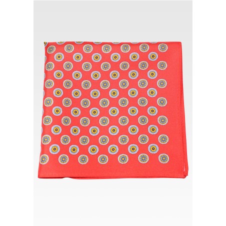 Bright Red Medallion Print Pocket Square in 100% Silk
