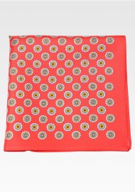 Bright Red Medallion Print Pocket Square in 100% Silk
