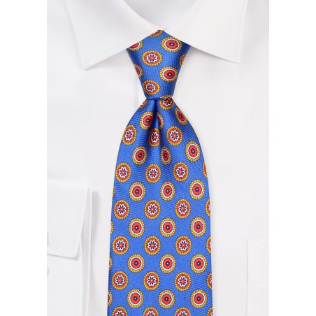 Marine Blue and Red Medallion Print Silk Tie