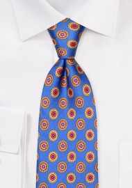 Marine Blue and Red Medallion Print Silk Tie