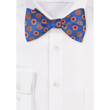 Self Tying Silk Bow Tie in Marine Blue Medallion Print