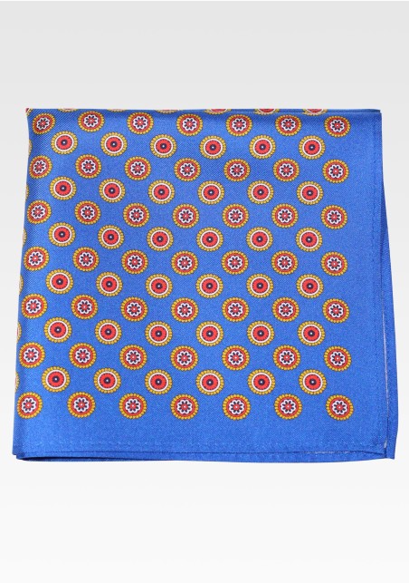 Marine Blue Silk Pocket Square in Vintage Medallion Print