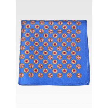 Marine Blue Silk Pocket Square in Vintage Medallion Print