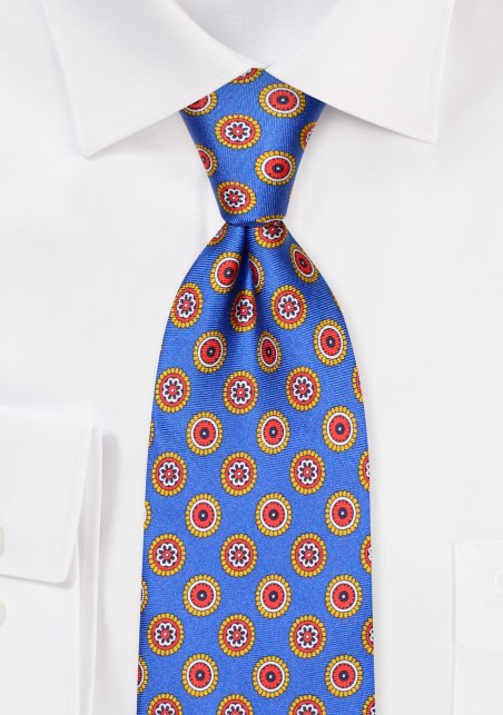 Extra Long Silk Necktie in Marine Blue Medallion Design