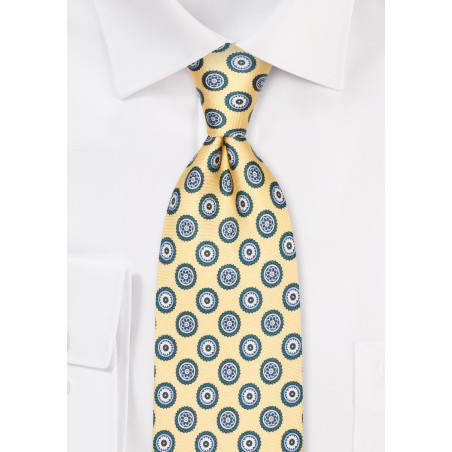 Extra Long Length Golden and Blue Medallion Print Silk Necktie