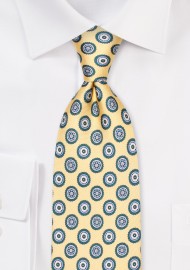 Extra Long Length Golden and Blue Medallion Print Silk Necktie