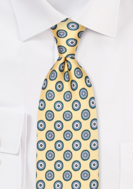 Golden and Blue Medallion Print Silk Necktie