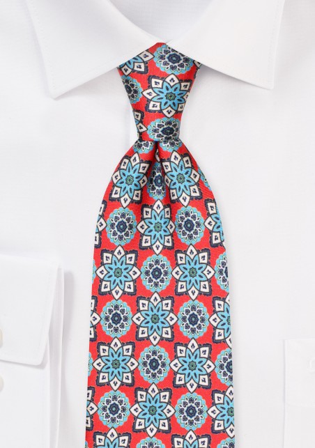 Bright Red and Turquoise XL Length Silk Necktie