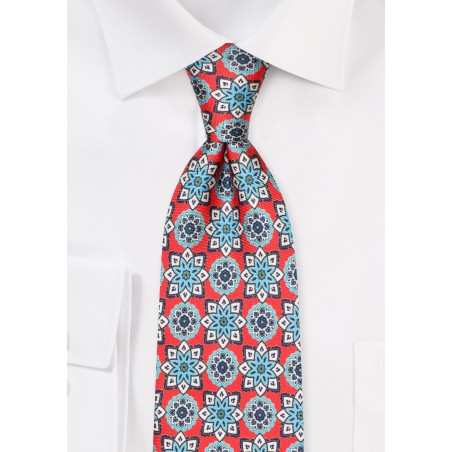 Bright Red and Turquoise XL Length Silk Necktie