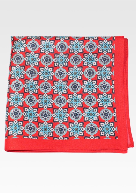 Bright Red and Teal Medallion Print Silk Pocket Square